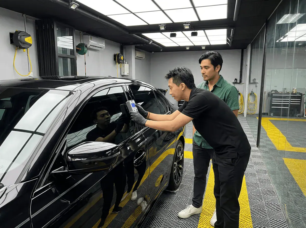Pemeriksaan cermin dan semakan VLT semasa pemasangan tinted pada BMW 3 Series