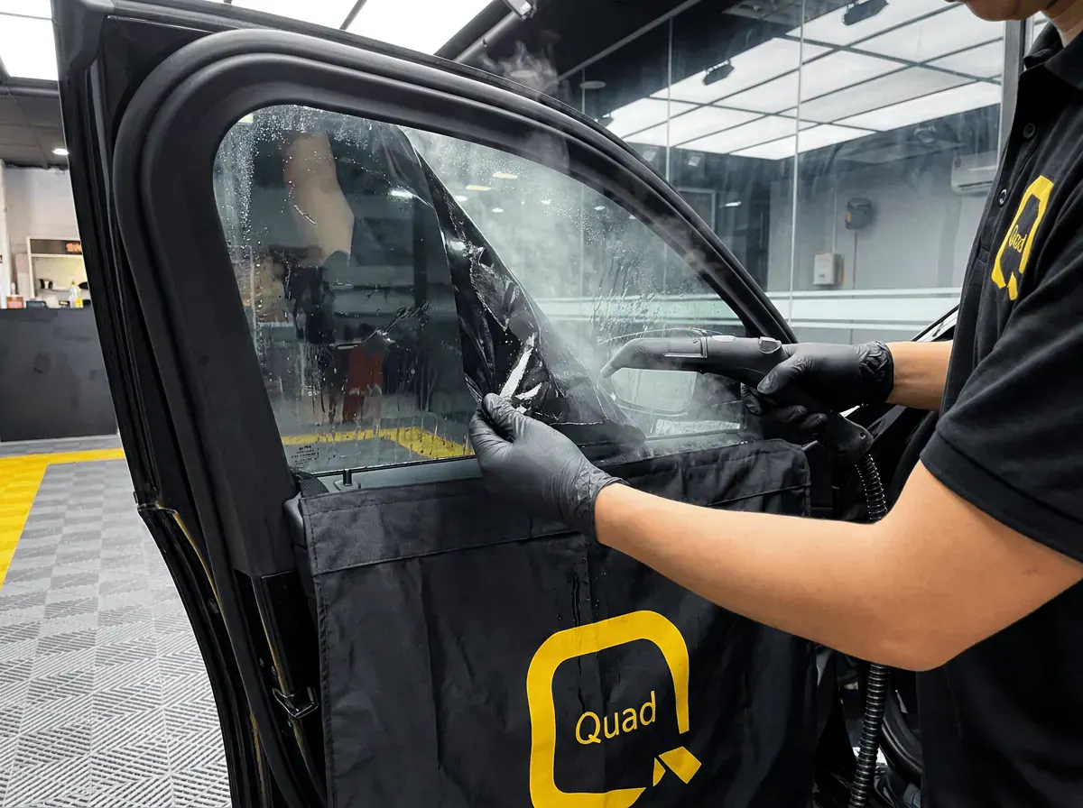 Menanggalkan tinted lama semasa pemasangan tinted pada BMW 3 Series