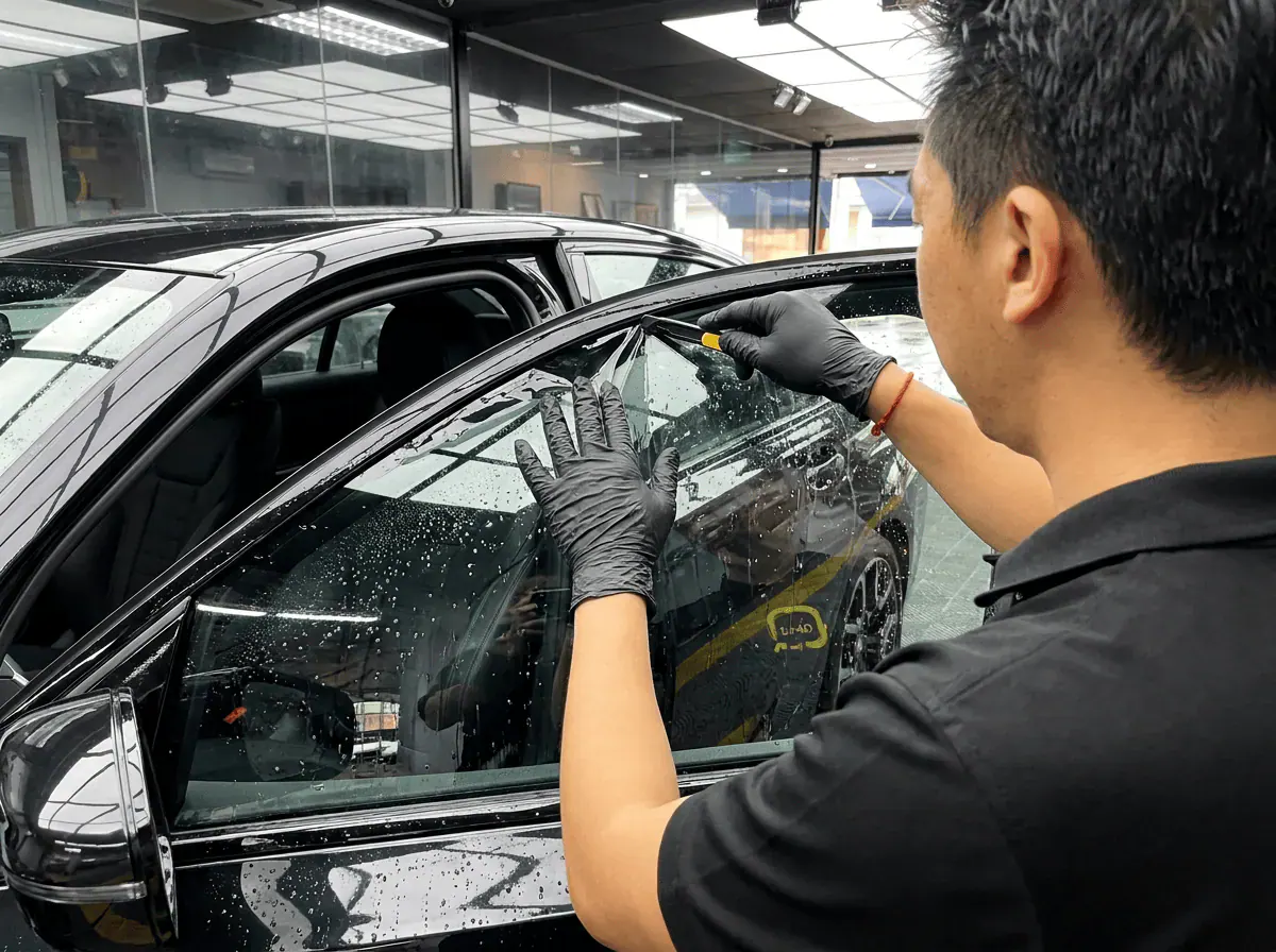 Pemotongan filem tepat semasa pemasangan tinted pada BMW 3 Series