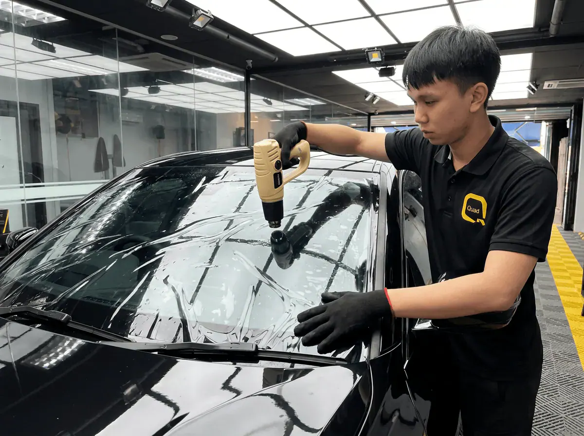 Pengecutan haba terkawal semasa pemasangan tinted pada BMW 3 Series