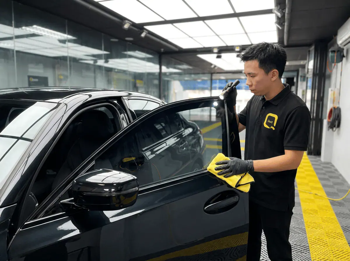 Pemeriksaan kualiti dengan lampu suluh semasa pemasangan tinted pada BMW 3 Series