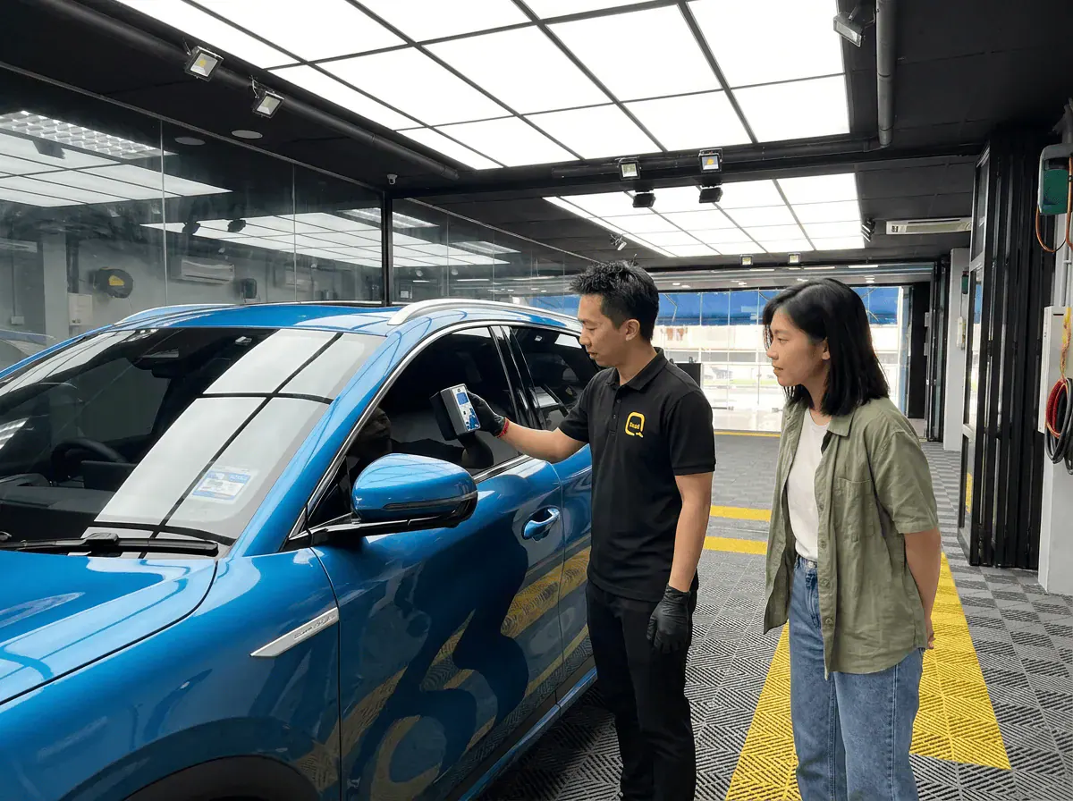 Pemeriksaan cermin dan semakan VLT semasa pemasangan tinted pada BYD Atto 3