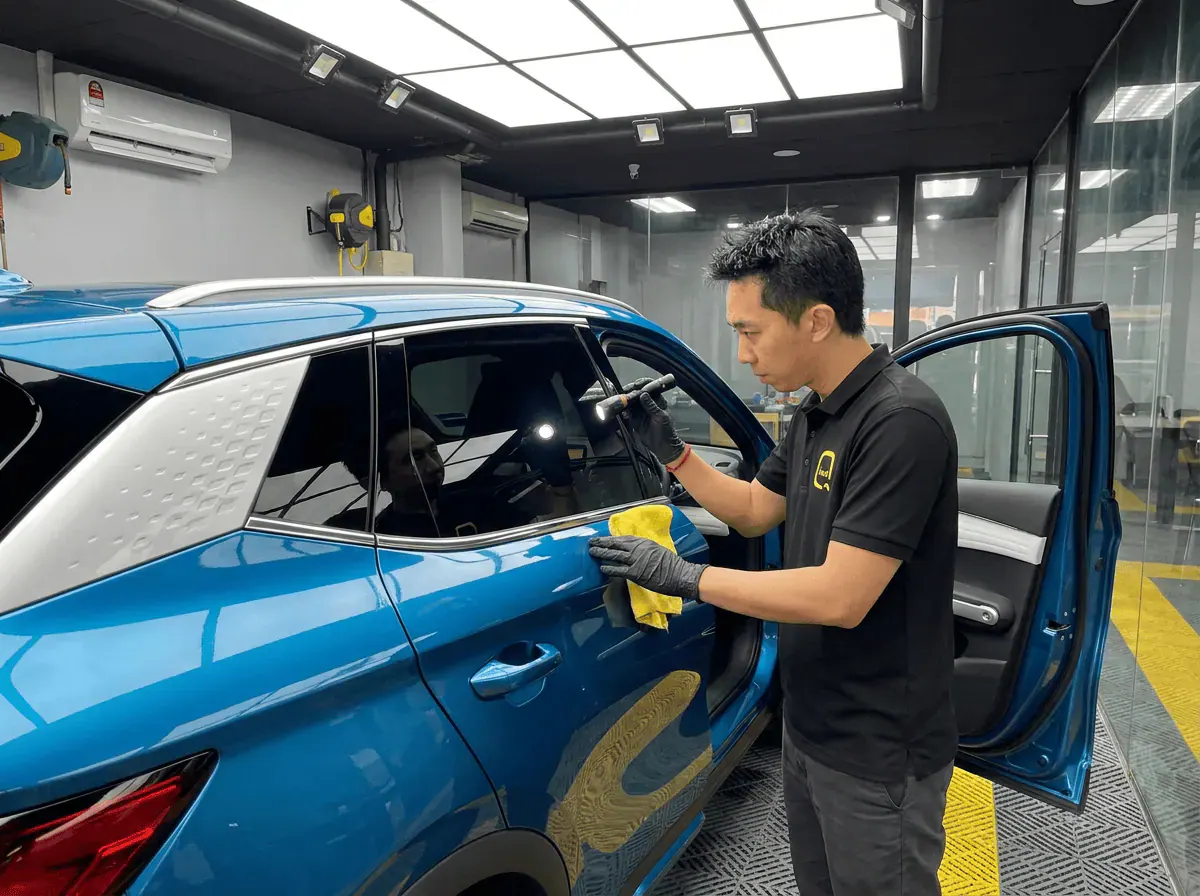 Pemeriksaan kualiti dengan lampu suluh semasa pemasangan tinted pada BYD Atto 3
