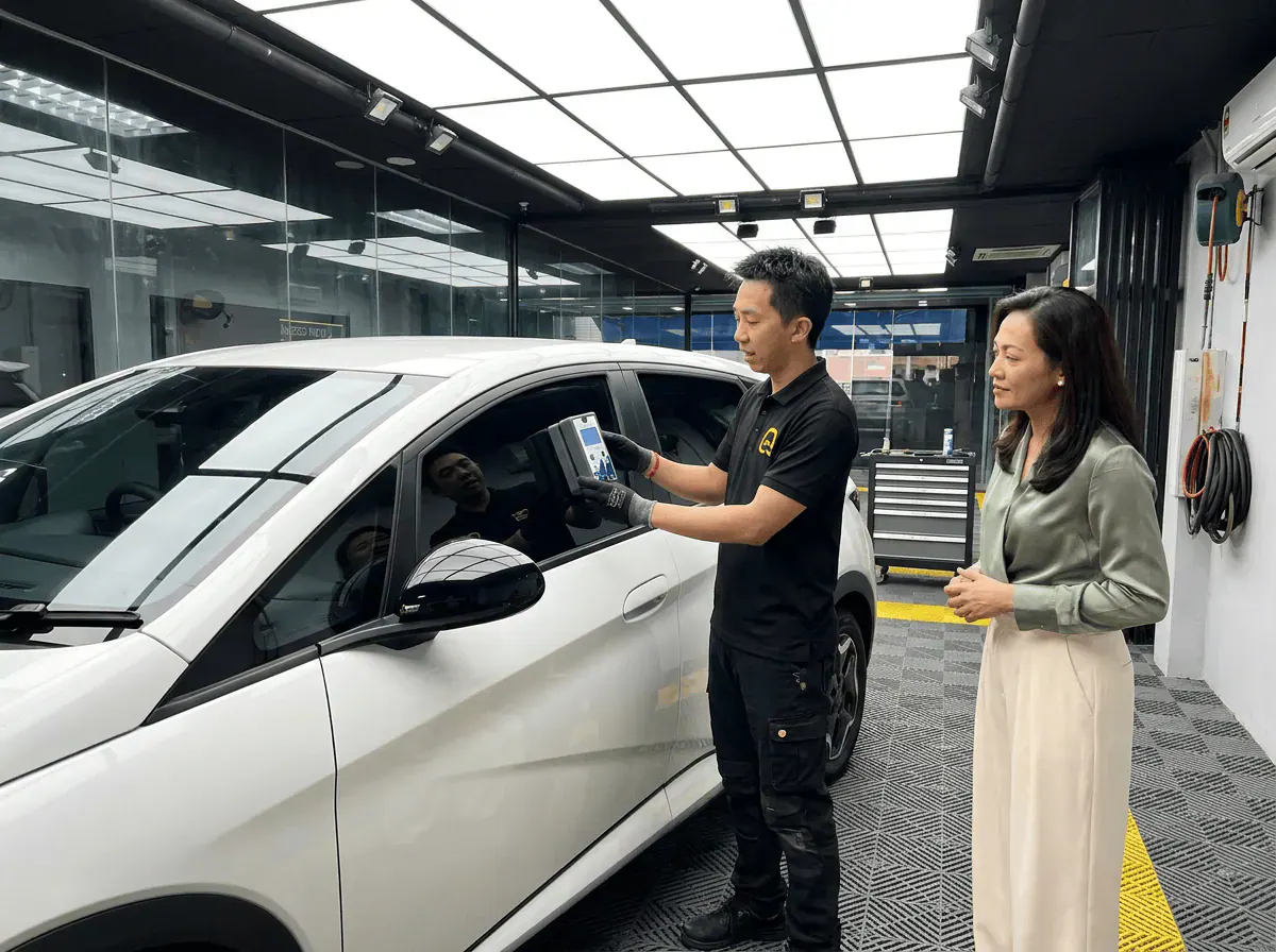 Pemeriksaan cermin dan semakan VLT semasa pemasangan tinted pada BYD Dolphin