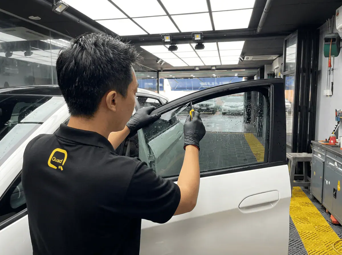 Pemotongan filem tepat semasa pemasangan tinted pada BYD Dolphin