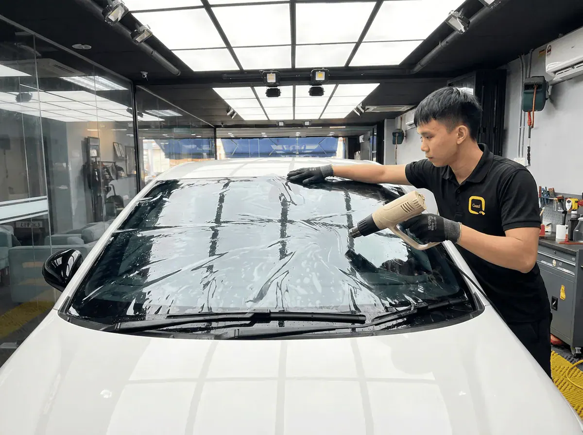 Pengecutan haba terkawal semasa pemasangan tinted pada BYD Dolphin