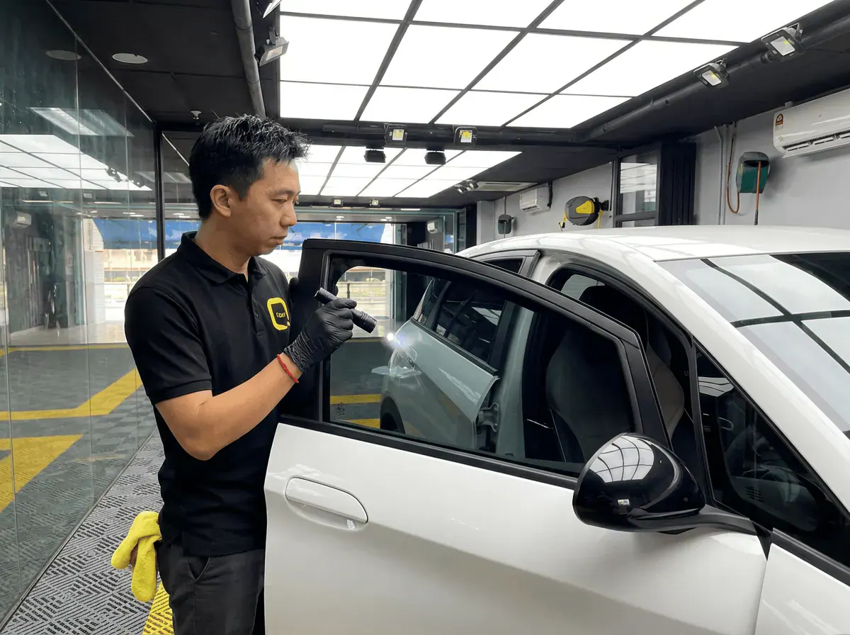 Pemeriksaan kualiti dengan lampu suluh semasa pemasangan tinted pada BYD Dolphin