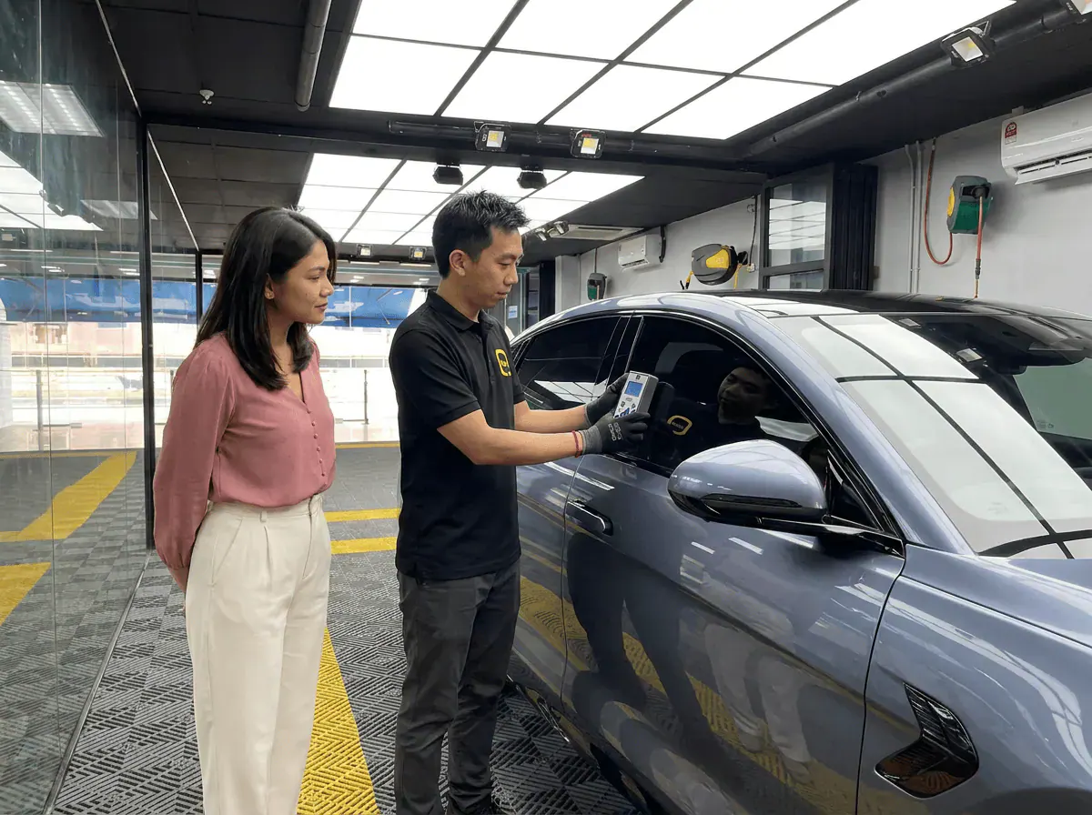 Pemeriksaan cermin dan semakan VLT semasa pemasangan tinted pada BYD Seal