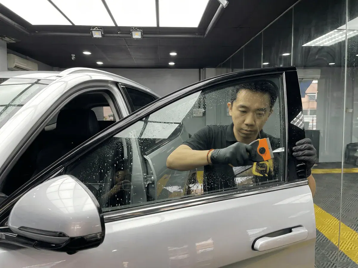 Pembersihan cermin lima peringkat semasa pemasangan tinted pada BYD Seal