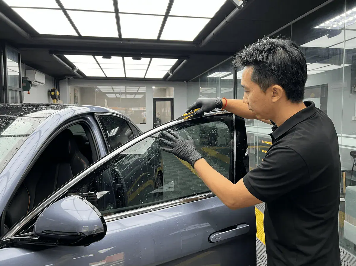 Pemotongan filem tepat semasa pemasangan tinted pada BYD Seal