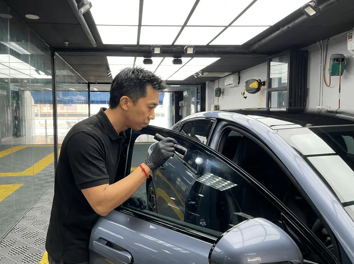 Pemeriksaan kualiti dengan lampu suluh semasa pemasangan tinted pada BYD Seal