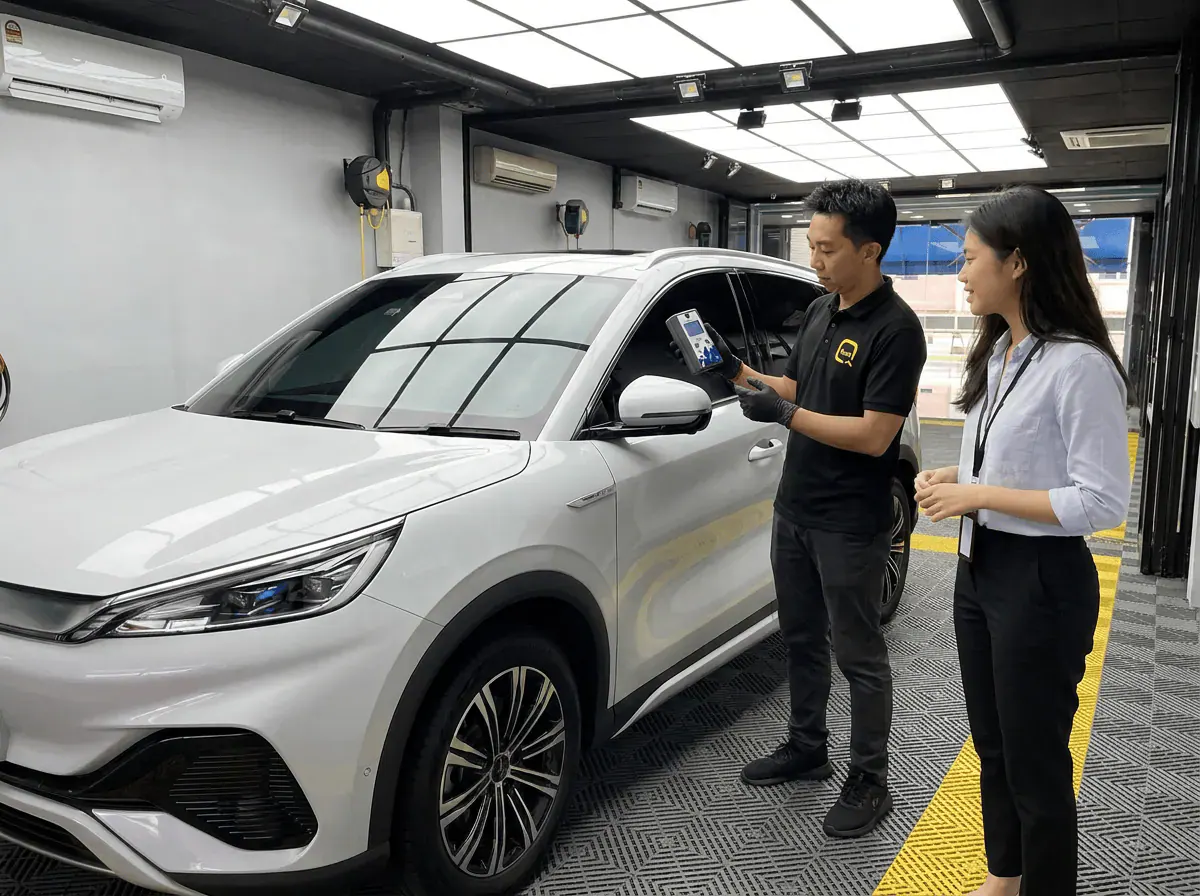 Pemeriksaan cermin dan semakan VLT semasa pemasangan tinted pada BYD Sealion 7