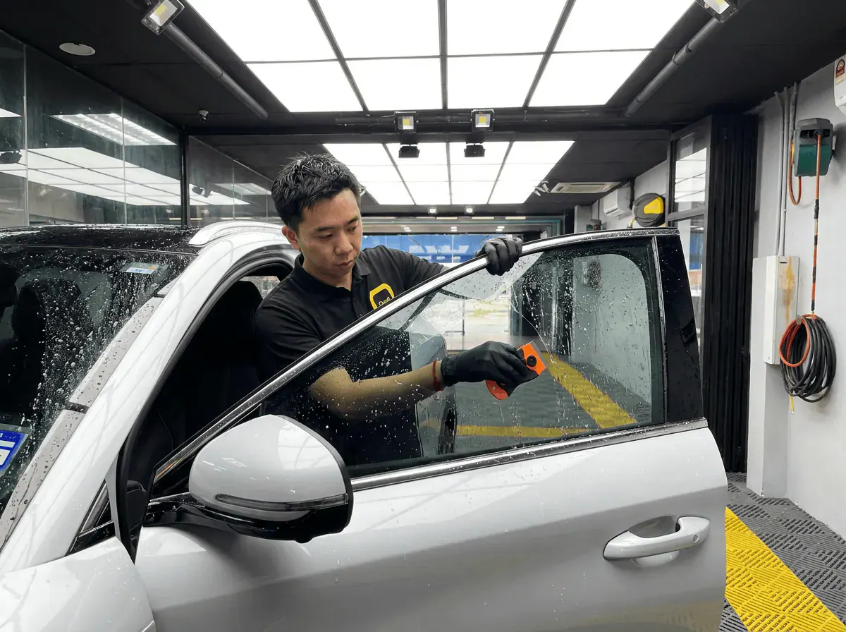 Pembersihan cermin lima peringkat semasa pemasangan tinted pada BYD Sealion 7
