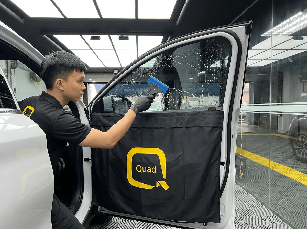 Pemasangan filem dan penyingkiran air semasa pemasangan tinted pada BYD Sealion 7