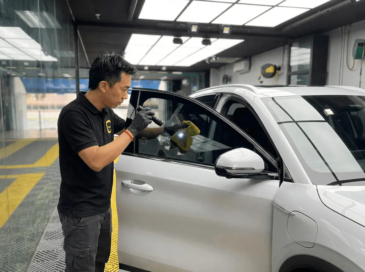 Pemeriksaan kualiti dengan lampu suluh semasa pemasangan tinted pada BYD Sealion 7