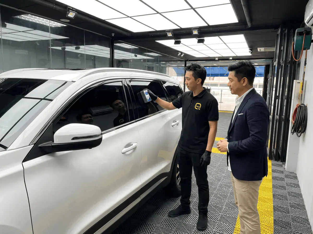 Pemeriksaan cermin dan semakan VLT semasa pemasangan tinted pada Chery Tiggo 7 Pro