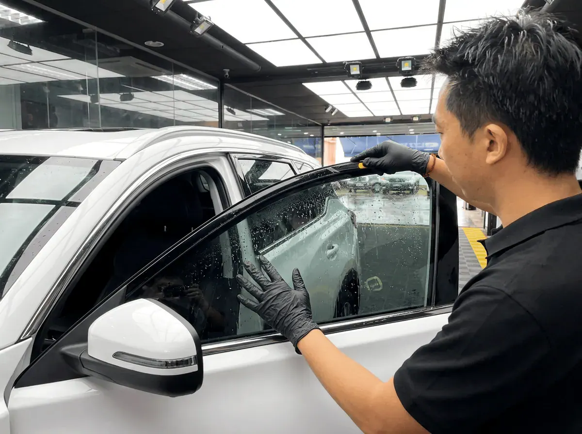 Pemotongan filem tepat semasa pemasangan tinted pada Chery Tiggo 7 Pro
