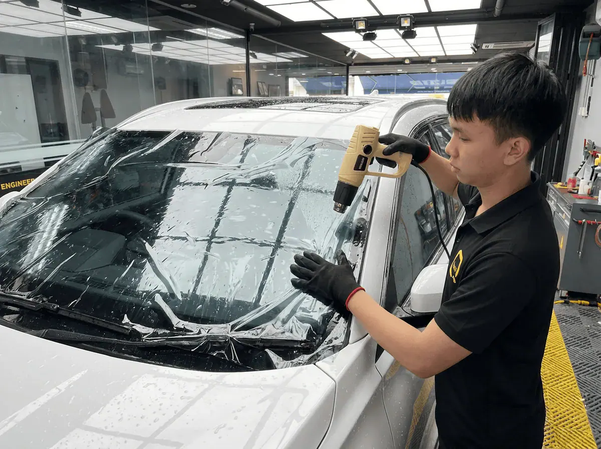 Pengecutan haba terkawal semasa pemasangan tinted pada Chery Tiggo 7 Pro