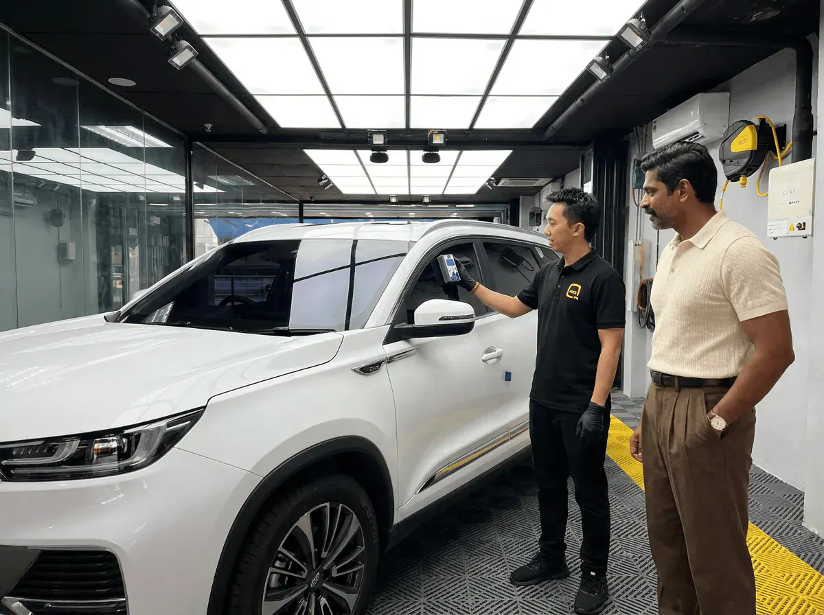 Pemeriksaan cermin dan semakan VLT semasa pemasangan tinted pada Chery Tiggo 8 Pro