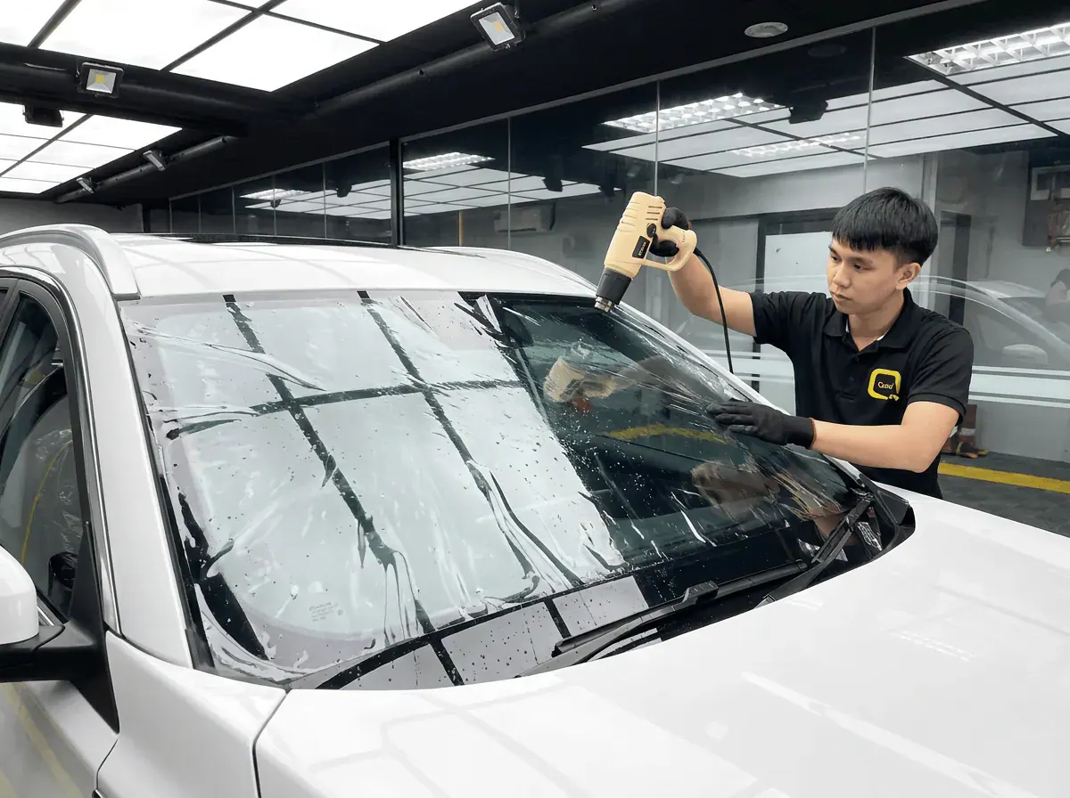 Pengecutan haba terkawal semasa pemasangan tinted pada Chery Tiggo 8 Pro