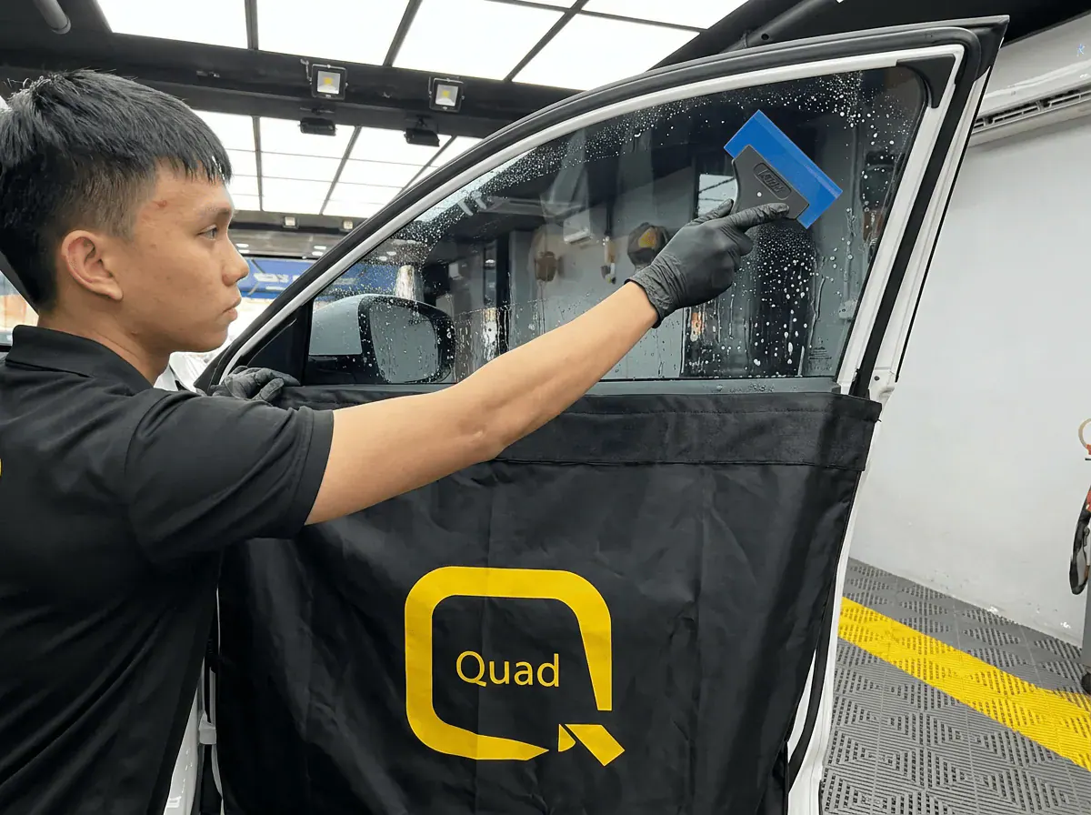 Pemasangan filem dan penyingkiran air semasa pemasangan tinted pada Chery Tiggo 8 Pro