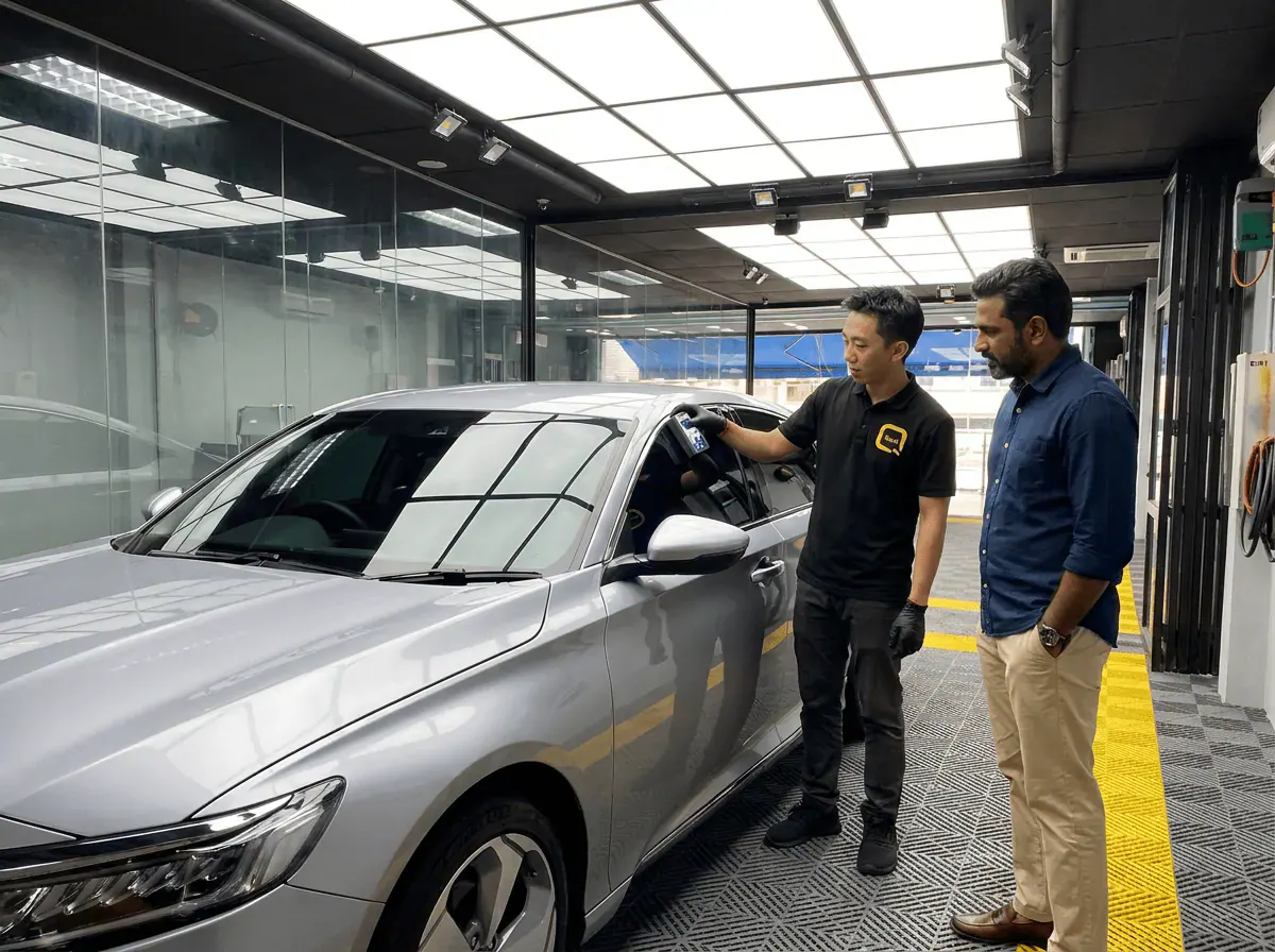 Pemeriksaan cermin dan semakan VLT semasa pemasangan tinted pada Honda Accord