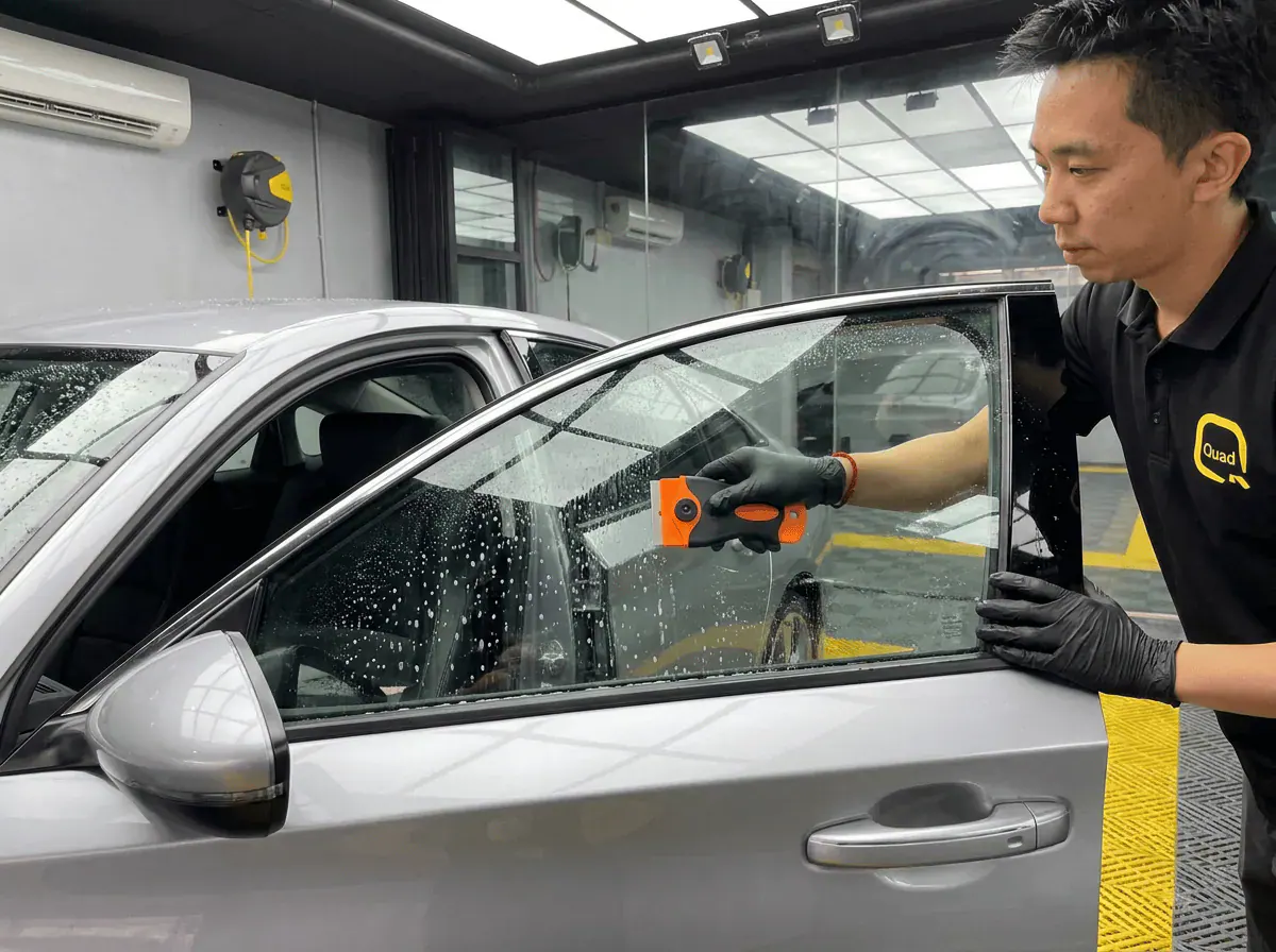 Pembersihan cermin lima peringkat semasa pemasangan tinted pada Honda Accord