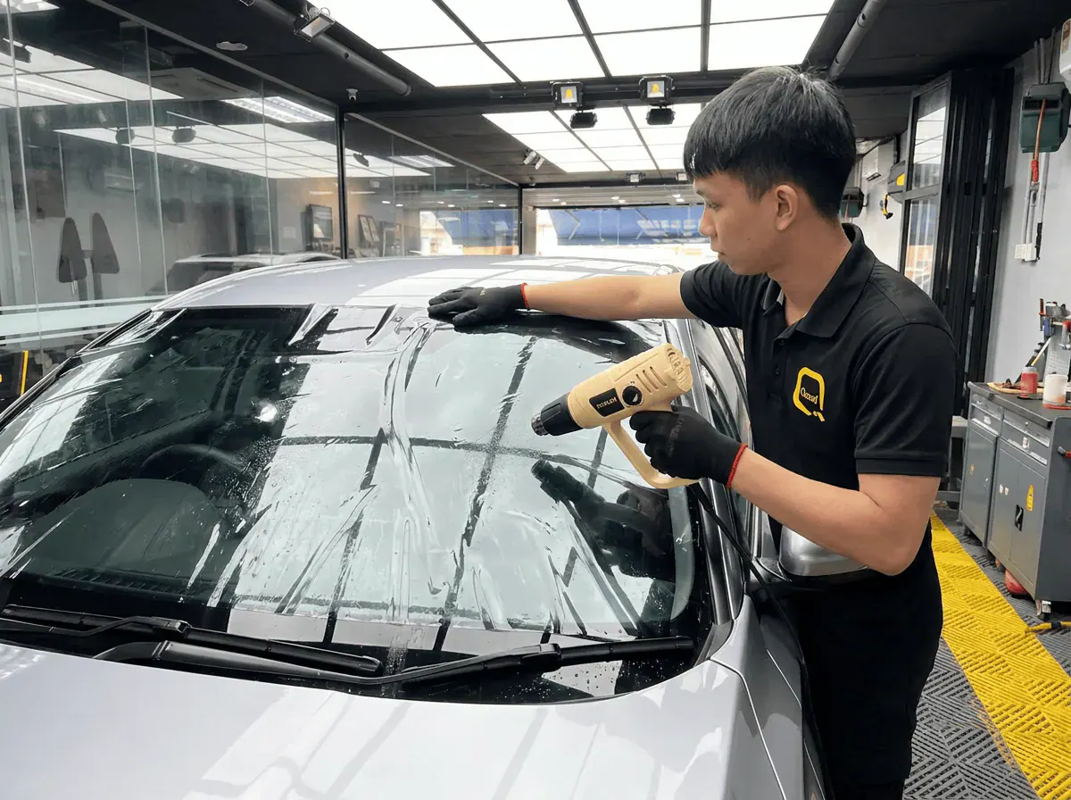 Pengecutan haba terkawal semasa pemasangan tinted pada Honda Accord
