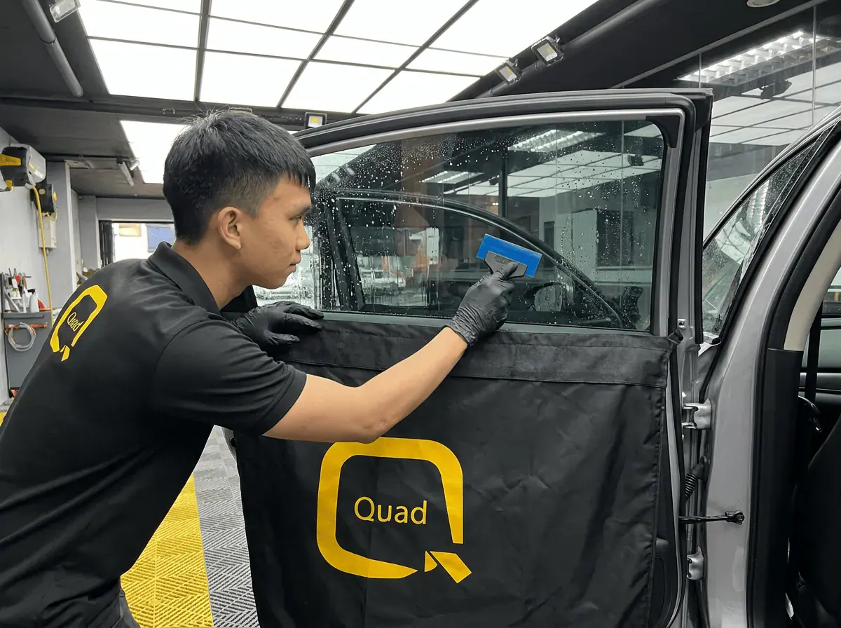 Pemasangan filem dan penyingkiran air semasa pemasangan tinted pada Honda Accord