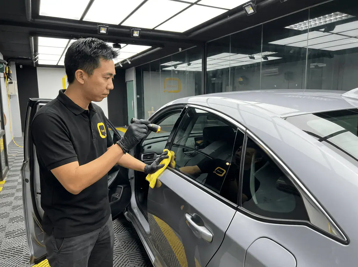 Pemeriksaan kualiti dengan lampu suluh semasa pemasangan tinted pada Honda Accord