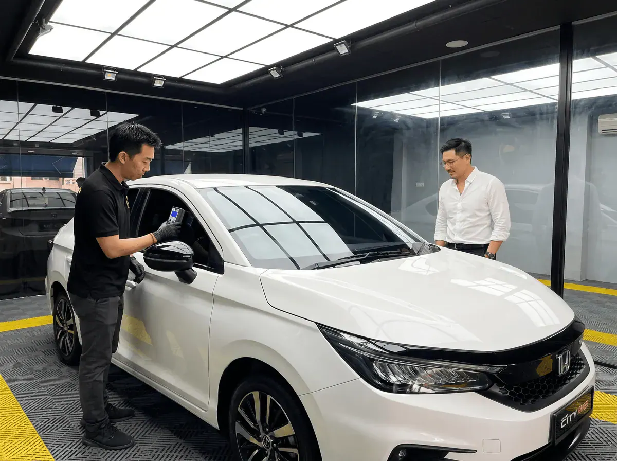 Pemeriksaan cermin dan semakan VLT semasa pemasangan tinted pada Honda City
