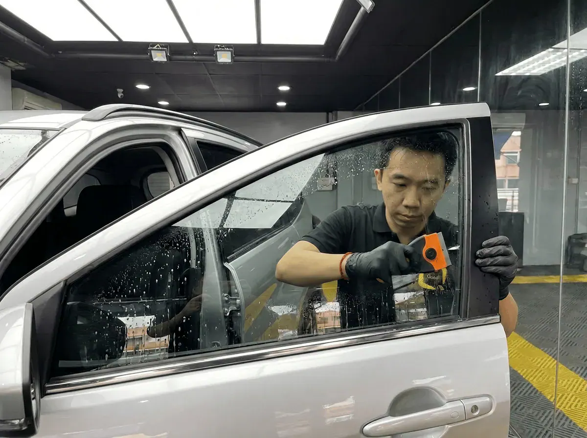 Pembersihan cermin lima peringkat semasa pemasangan tinted pada Honda City
