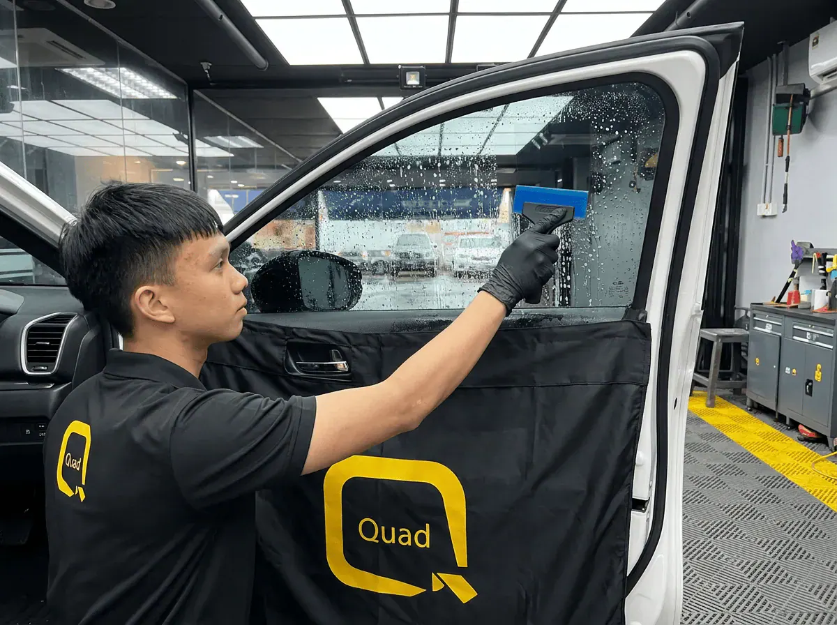 Pemasangan filem dan penyingkiran air semasa pemasangan tinted pada Honda City