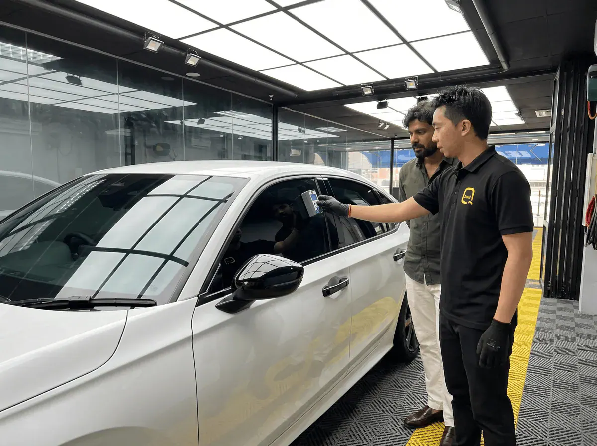 Pemeriksaan cermin dan semakan VLT semasa pemasangan tinted pada Honda Civic