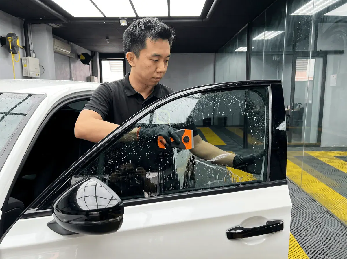 Pembersihan cermin lima peringkat semasa pemasangan tinted pada Honda Civic
