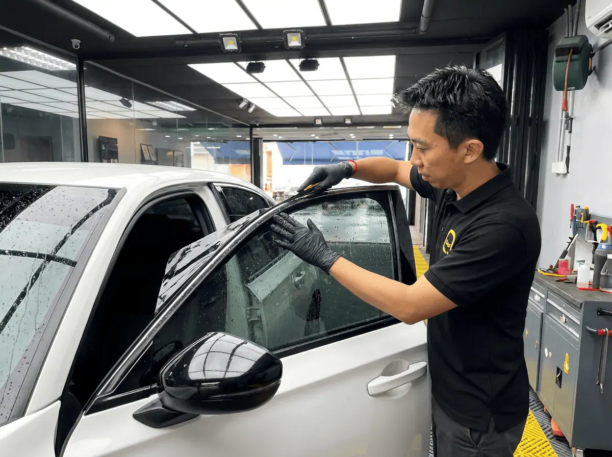Pemotongan filem tepat semasa pemasangan tinted pada Honda Civic
