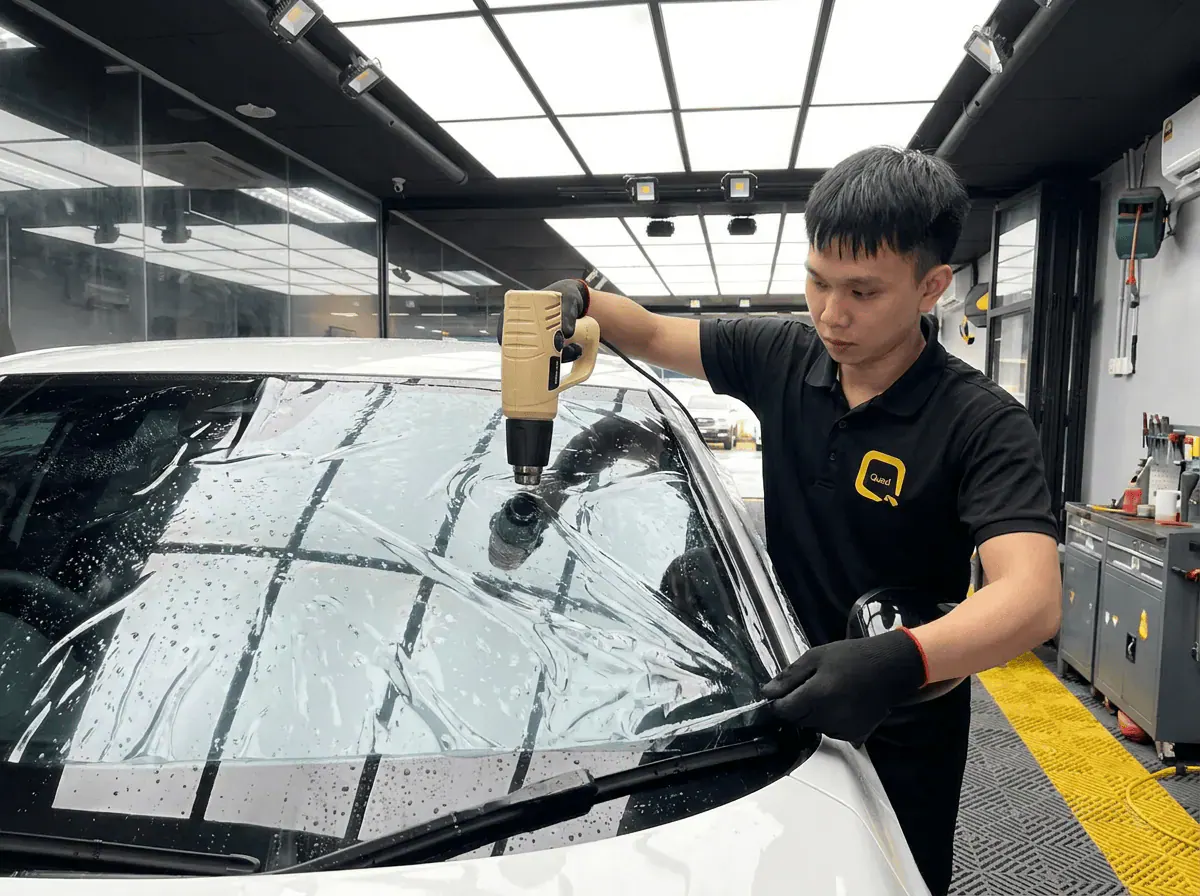 Pengecutan haba terkawal semasa pemasangan tinted pada Honda Civic