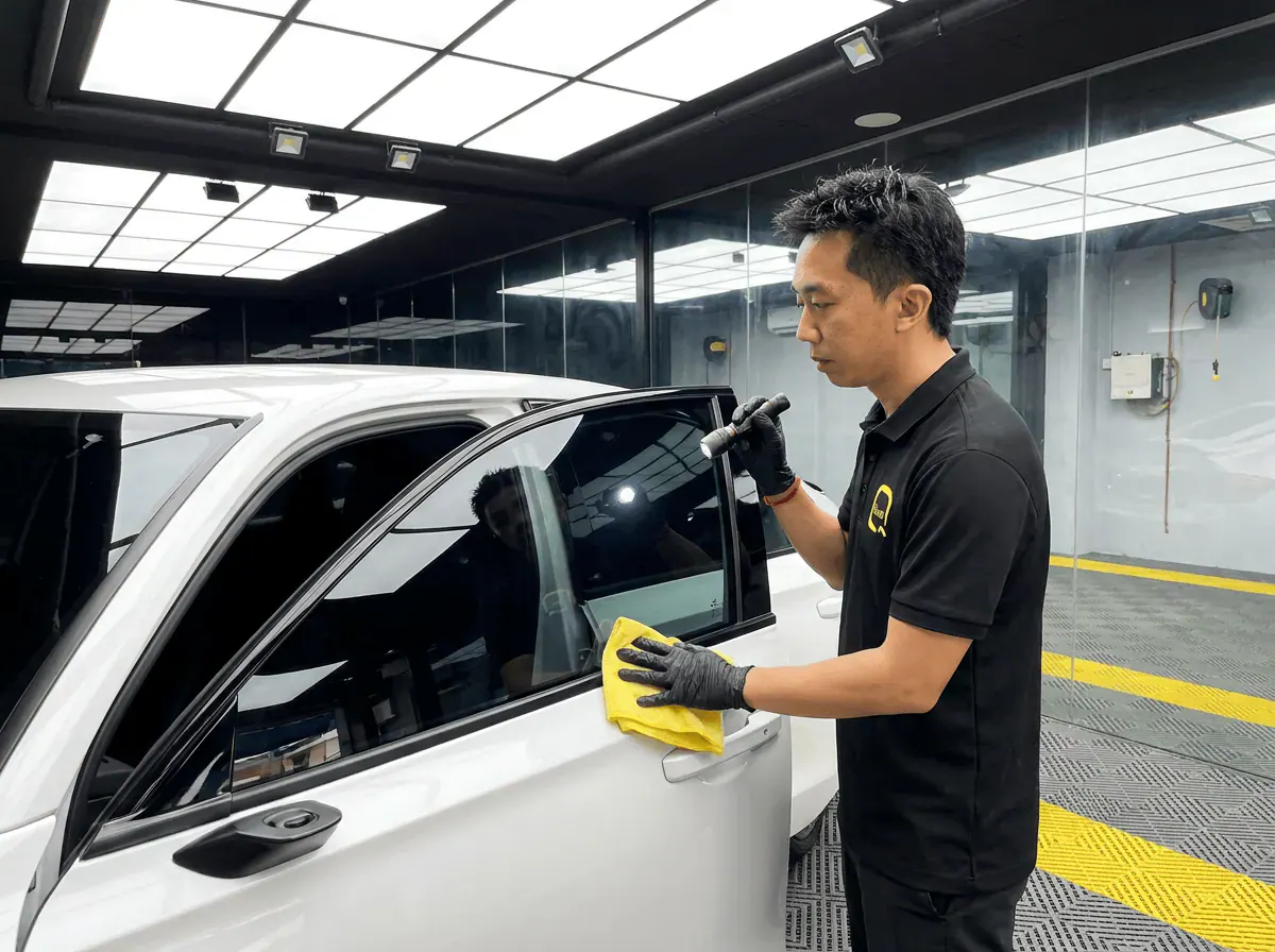 Pemeriksaan kualiti dengan lampu suluh semasa pemasangan tinted pada Honda Civic