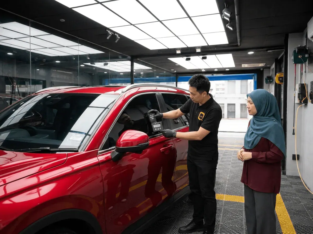 Pemeriksaan cermin dan semakan VLT semasa pemasangan tinted pada Honda CR-V