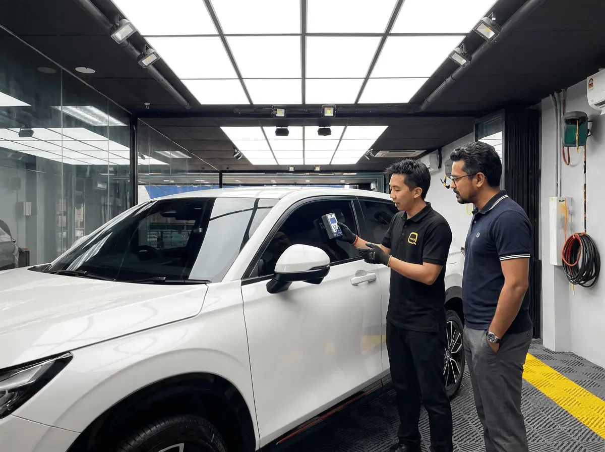 Pemeriksaan cermin dan semakan VLT semasa pemasangan tinted pada Honda HR-V