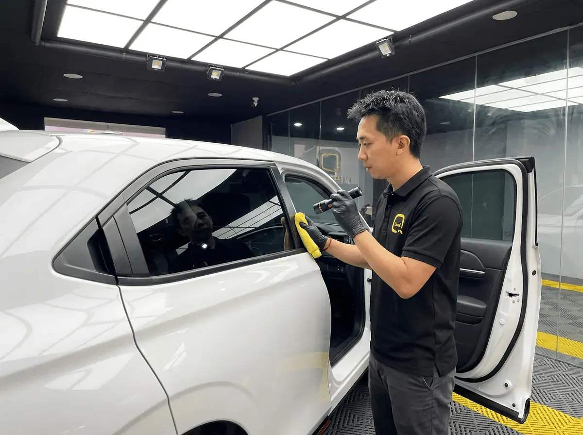 Pemeriksaan kualiti dengan lampu suluh semasa pemasangan tinted pada Honda HR-V