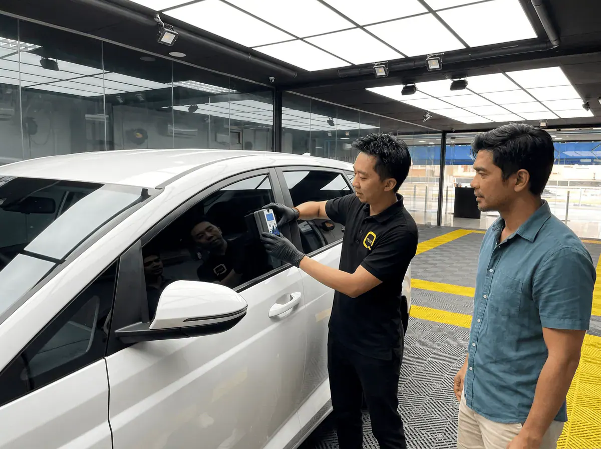 Pemeriksaan cermin dan semakan VLT semasa pemasangan tinted pada Hyundai Stargazer