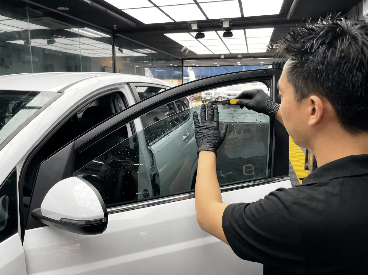 Pemotongan filem tepat semasa pemasangan tinted pada Hyundai Stargazer