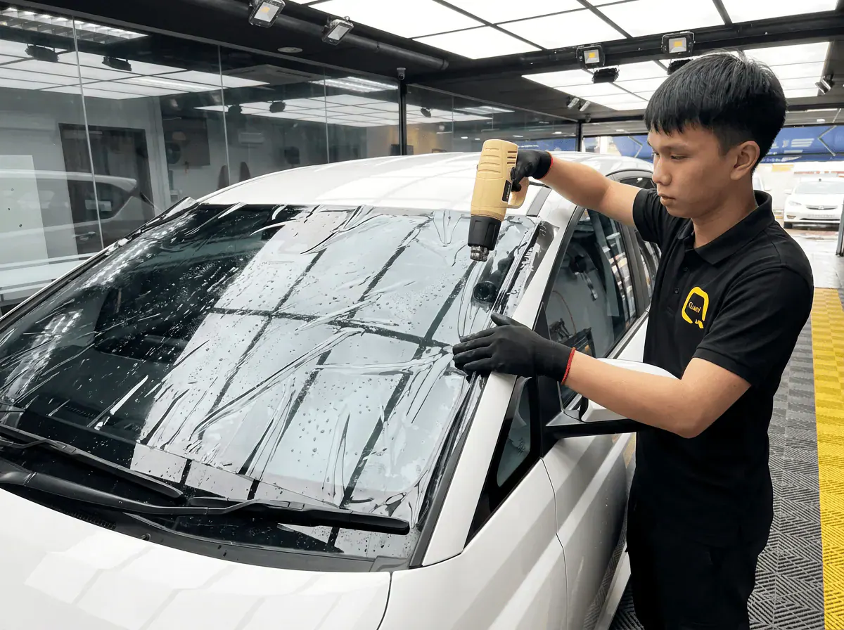 Pengecutan haba terkawal semasa pemasangan tinted pada Hyundai Stargazer