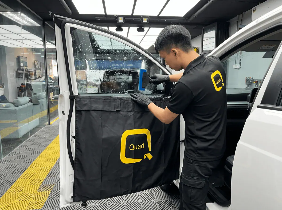 Pemasangan filem dan penyingkiran air semasa pemasangan tinted pada Hyundai Stargazer