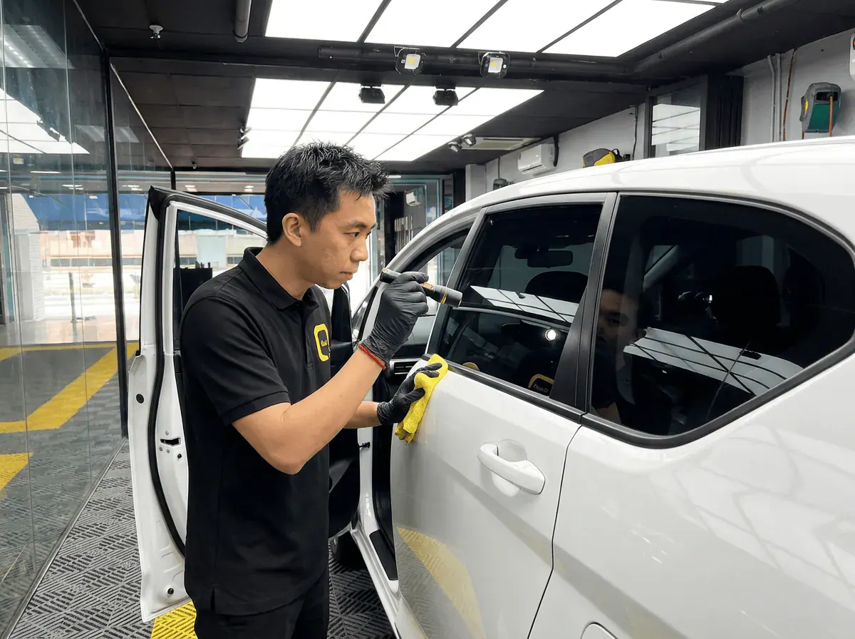 Pemeriksaan kualiti dengan lampu suluh semasa pemasangan tinted pada Hyundai Stargazer