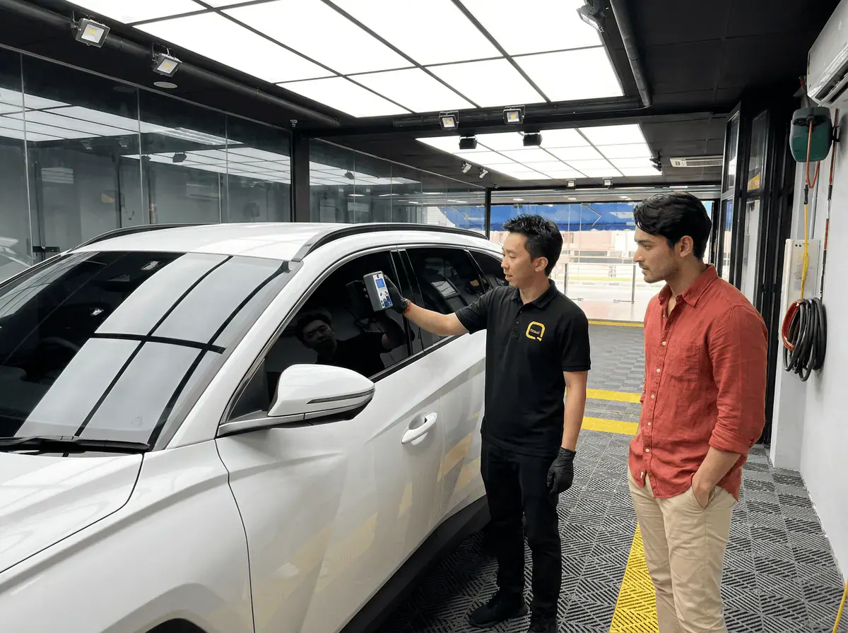Pemeriksaan cermin dan semakan VLT semasa pemasangan tinted pada Hyundai Tucson