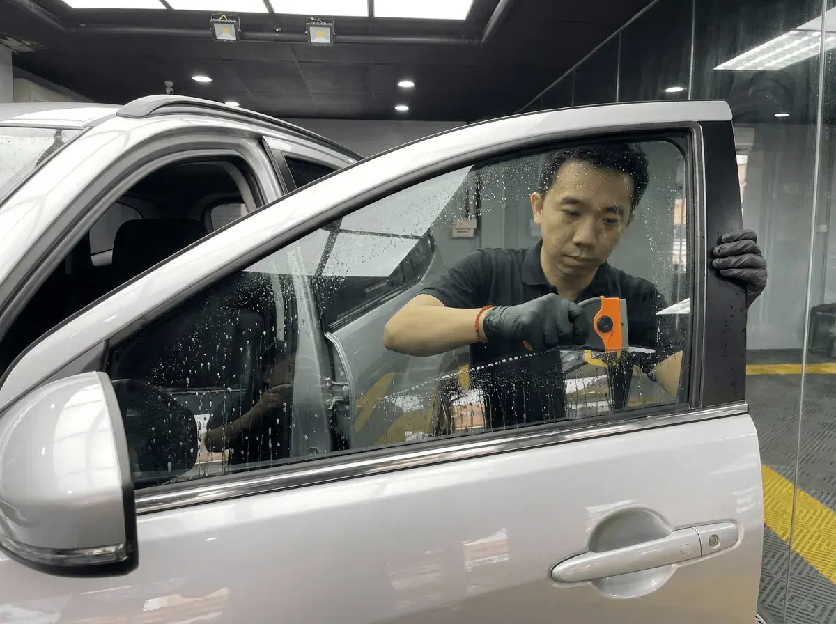 Pembersihan cermin lima peringkat semasa pemasangan tinted pada Hyundai Tucson