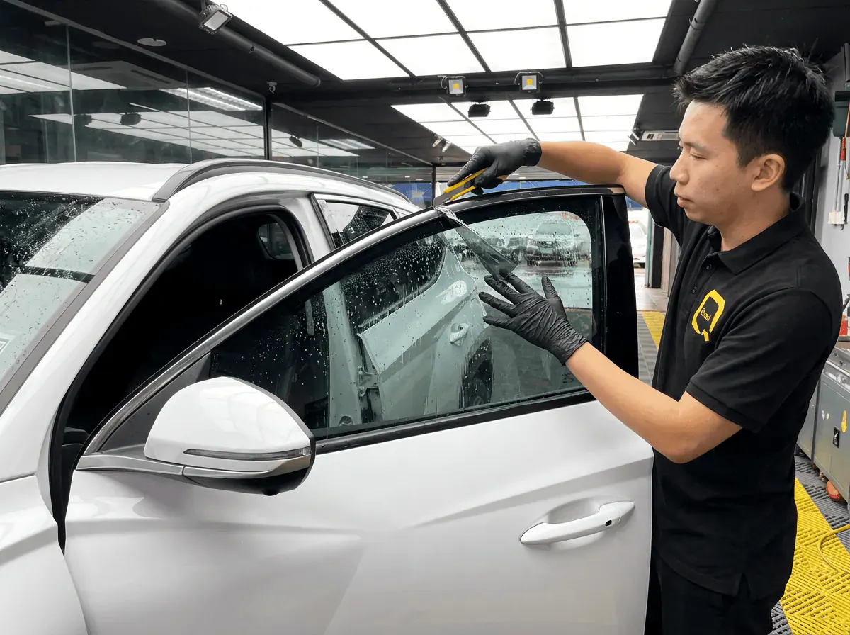 Pemotongan filem tepat semasa pemasangan tinted pada Hyundai Tucson