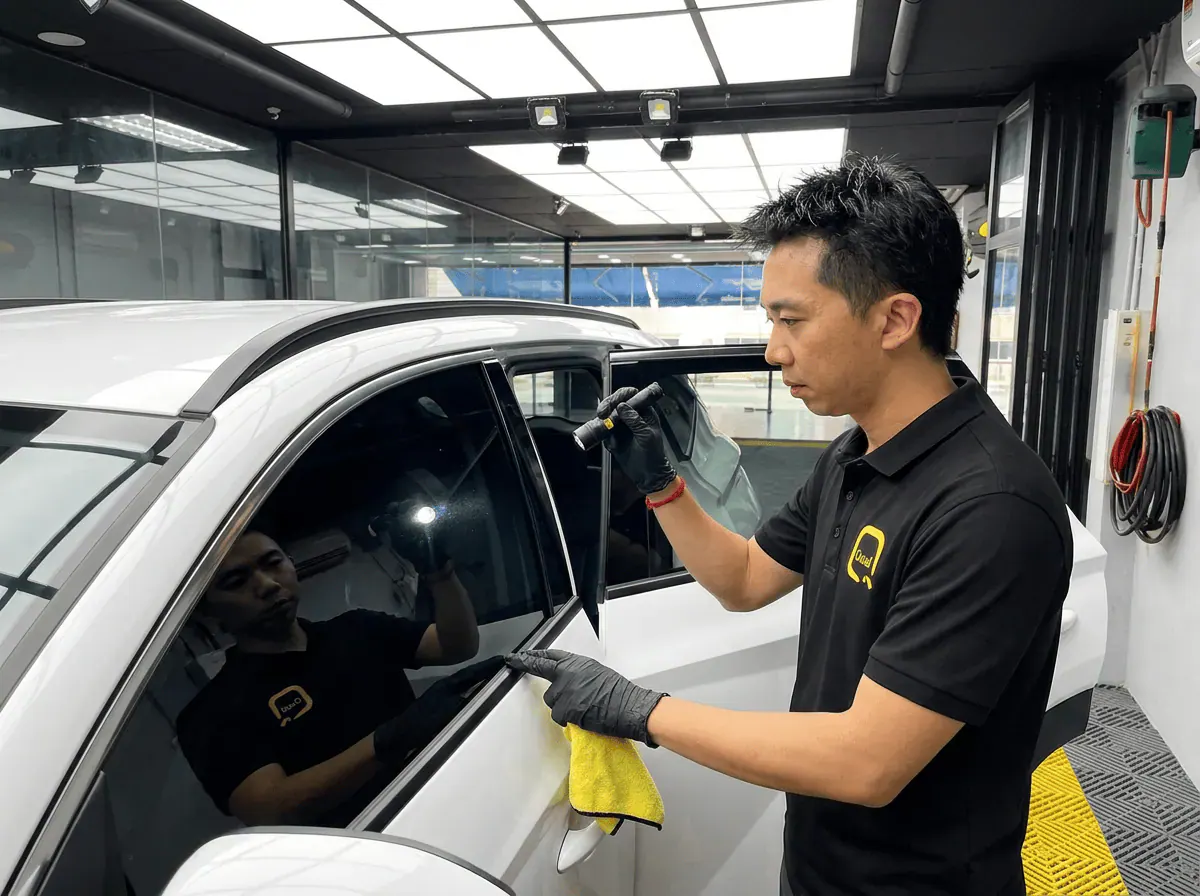 Pemeriksaan kualiti dengan lampu suluh semasa pemasangan tinted pada Hyundai Tucson